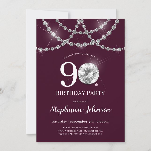 Elegant Diamonds Burgundy 90th Birthday Party Invitation (Front)