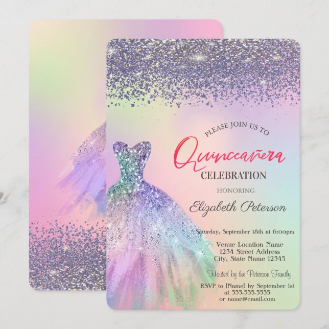 Elegant Diamonds, Dress Holographic Quinceañera Invitation (Front/Back)