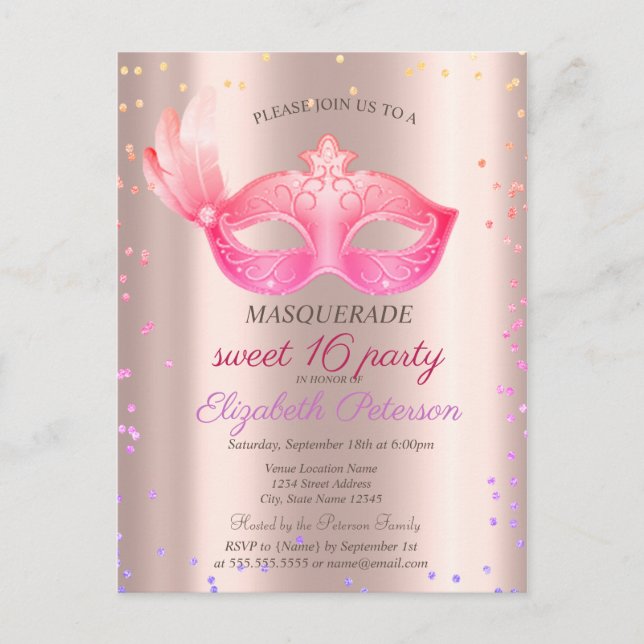 Elegant Diamonds,Masque,Sweet 16   Invitation Postcard (Front)