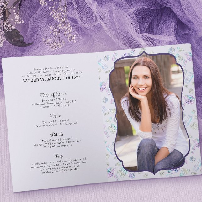 Elegant Diamonds Princess Quinceanera Photo Folded Invitation (Formal quinceanera invitation with a photo of the quince and plenty of room for all the deets)