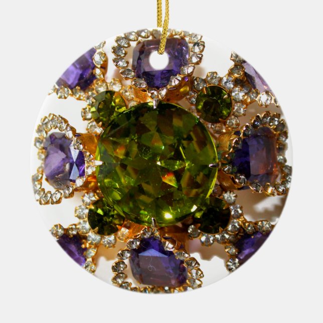 Elegant diamonds purple green gemstones ceramic tree decoration (Front)