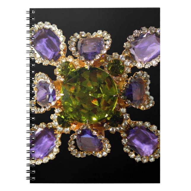 Elegant diamonds purple green gemstones spiral notebook (Front)