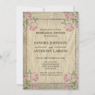 Elegant Dictionary Print and Roses Rehearsal Invitation