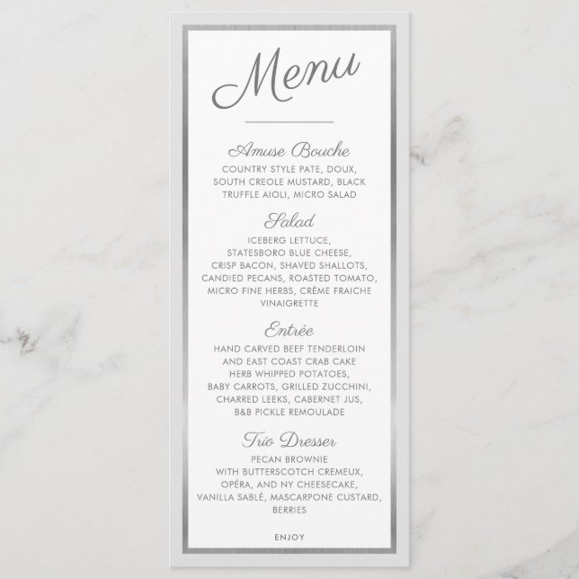 ELEGANT DINNER MENU modern reception silver grey (Front)