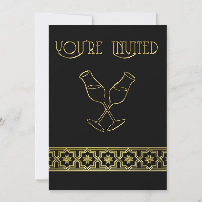 Elegant Dinner Party  Black Gold Wine Glass Invitation (Front)
