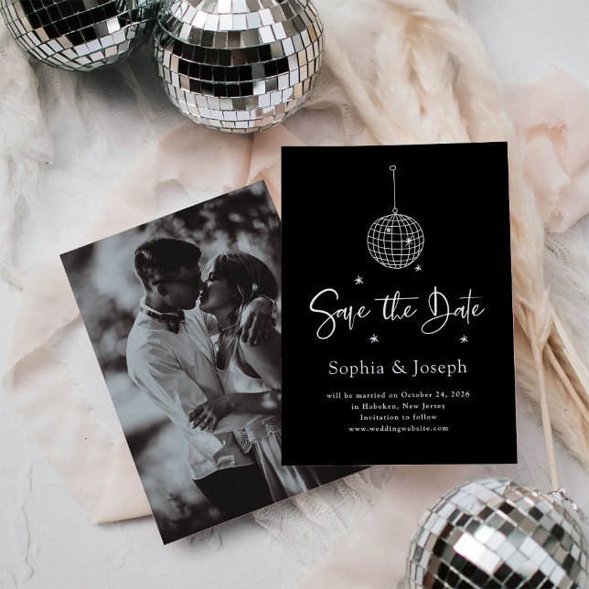 Elegant Disco Ball Minimalist Black | Photo Save The Date (Creator Uploaded)
