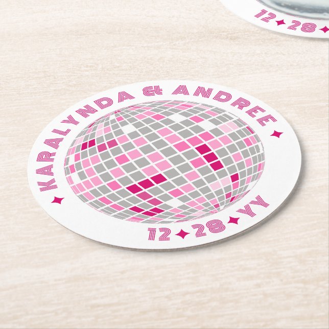 Elegant Disco Ball Pink White Round Wedding Paper Coaster (Angled)