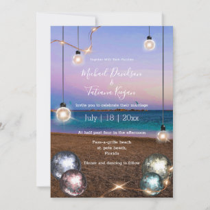 elegant disco balls gold lights beach wedding  invitation