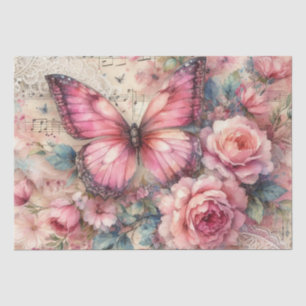 Elegant Distressed Pink Vintage Floral Butterfly Tissue Paper