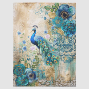 Elegant Distressed Teal Blue Florals & Peacock Tissue Paper