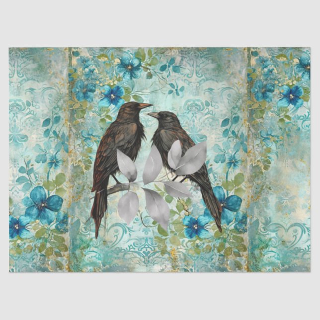 Elegant Distressed Teal Floral & Ravens Tissue Paper (Front)