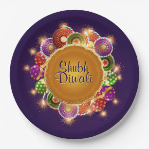 Elegant Diwali Colourful Fireworks Paper Plate