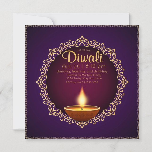 Elegant Diwali Diyas Purple Invitation (Front)