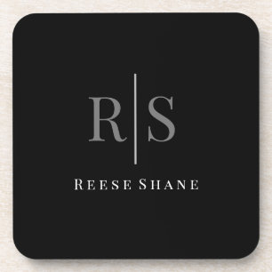 Elegant DIY Grey Monogram & White Name, Black Coaster