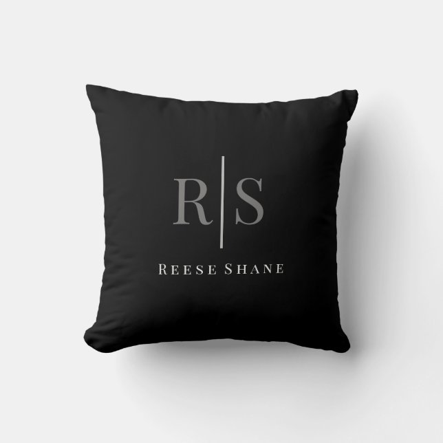 Elegant DIY Grey Monogram & White Name, Black Cushion (Front)