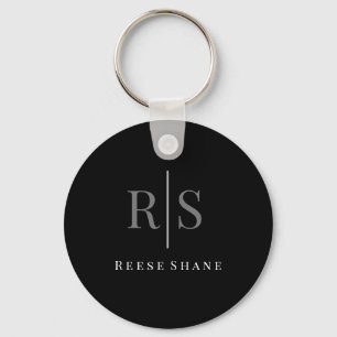Elegant DIY Grey Monogram & White Name, Black Key Ring
