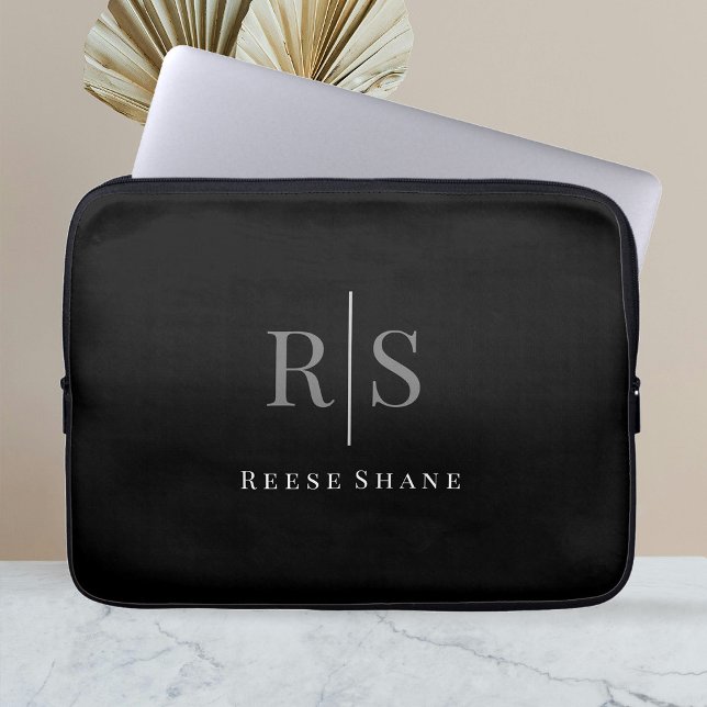 Elegant DIY Grey Monogram & White Name, Black Laptop Sleeve (Creator Uploaded)