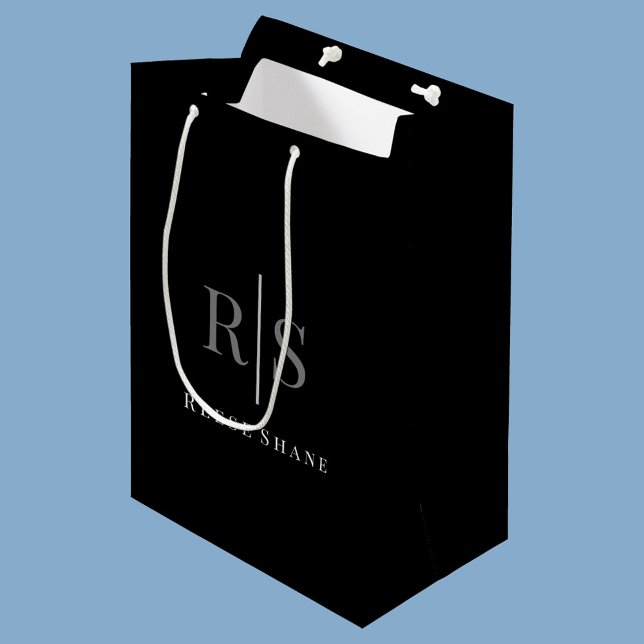 Elegant DIY Grey Monogram & White Name, Black Medium Gift Bag (Creator Uploaded)