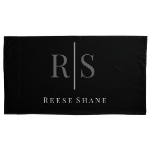 Elegant DIY Grey Monogram & White Name, Black Pillowcase