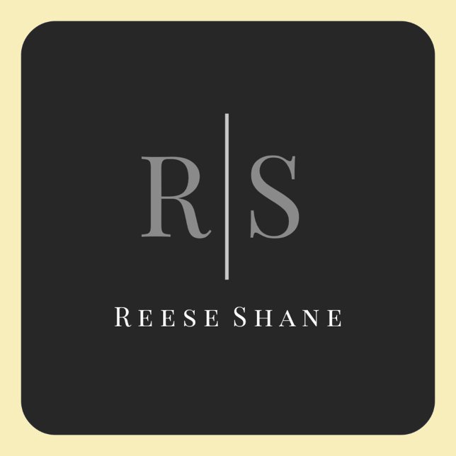 Elegant DIY Grey Monogram & White Name, Black Square Sticker (Creator Uploaded)