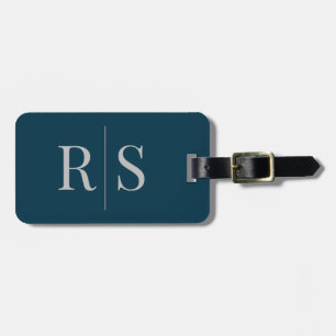 Elegant DIY Large Grey Monogram on Dark Ocean Blue Luggage Tag