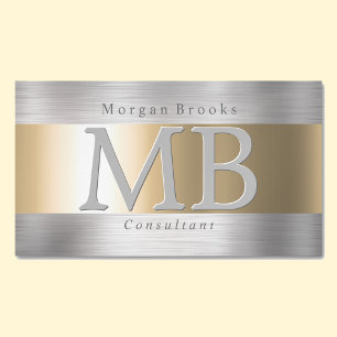 Elegant DIY Monogram Name, Brushed Steel & Gold Magnetic Business Card