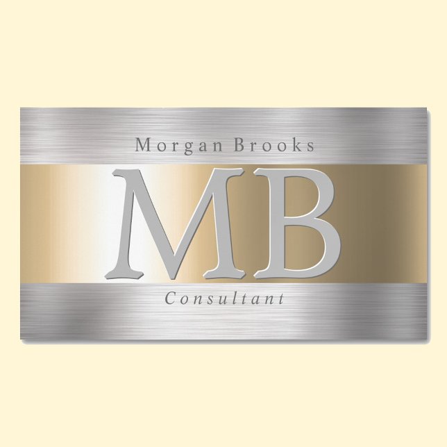 Elegant DIY Monogram Name, Brushed Steel & Gold Magnetic Business Card (Creator Uploaded)