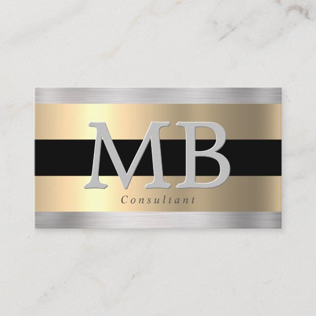 Elegant DIY Monogram, Yel Gold Brushed Steel Black Business Card (Front)