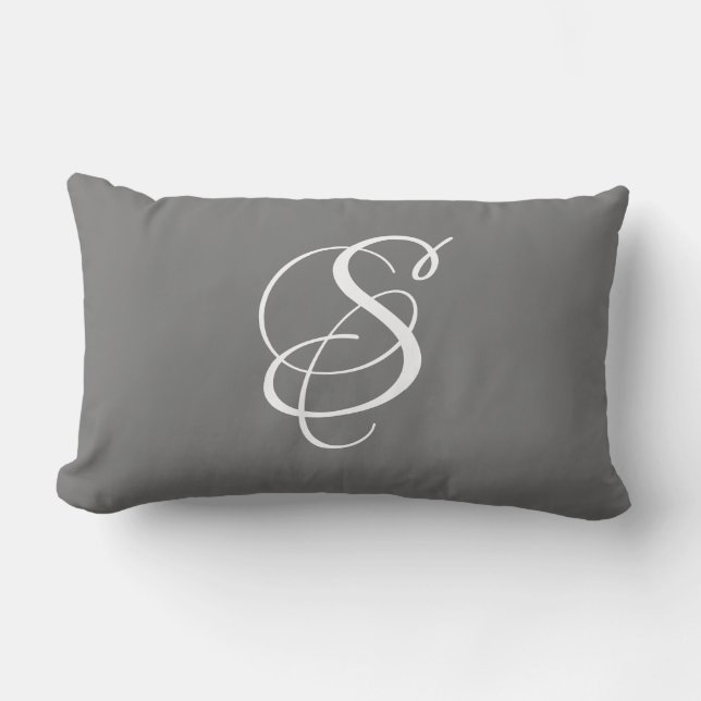 Elegant DIY White Script Monogram & Surname/Grey Lumbar Cushion (Front)