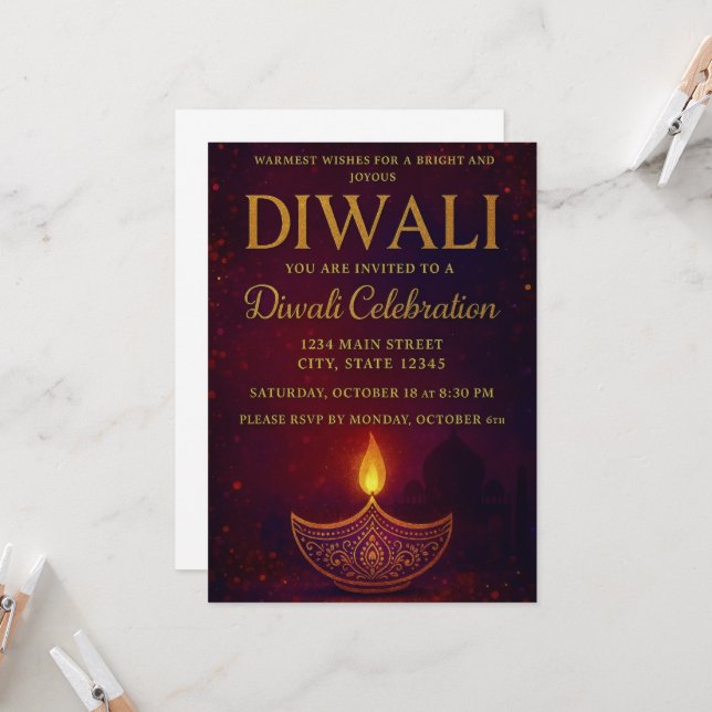Elegant Diya & Gold Script Diwali Celebration Invitation (Front/Back In Situ)