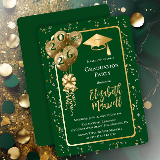 Elegant Dk Green Gold Balloons Graduation Party Invitation