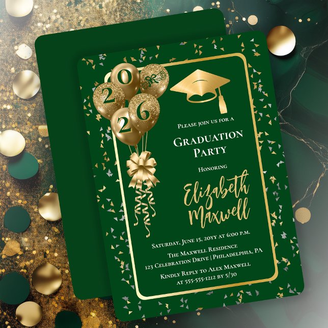 Elegant Dk Green Gold Balloons Graduation Party Invitation (Elegant Dark Green and Gold Tone Graduation Party Invitation Balloons and Confetti - Print | Digital)