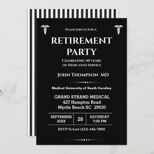 Elegant Doctor Retirement Party Black and White Invitation (Front/Back)