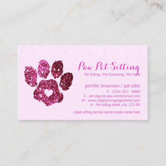 Elegant Dog Cat Grooming Glitter Pet Sitter Paw Business Card (Front)