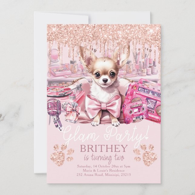 Elegant Dog Glitter Glam Birthday Invitation (Front)