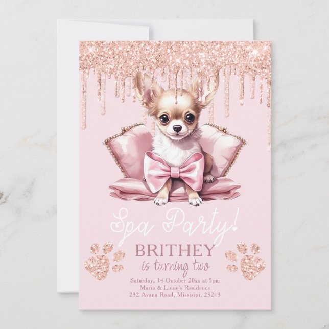 Elegant Dog Glitter Spa Birthday Invitation (Front)