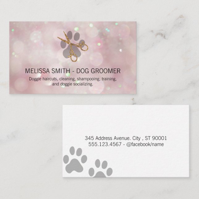 Elegant Dog Groomer | Pink Bokeh Business Card (Front/Back)