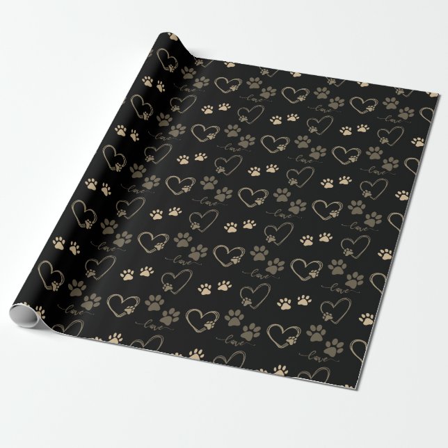 Elegant DOG PAW PRINTS and LOVE HEARTS Wrapping Paper (Unrolled)
