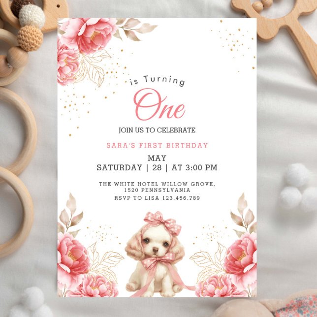 Elegant Dog & Peach Floral First 1st Birthday In Invitation (Creator Uploaded)