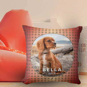 Elegant Dog Pet Photo Golden Snowflakes Christmas Cushion