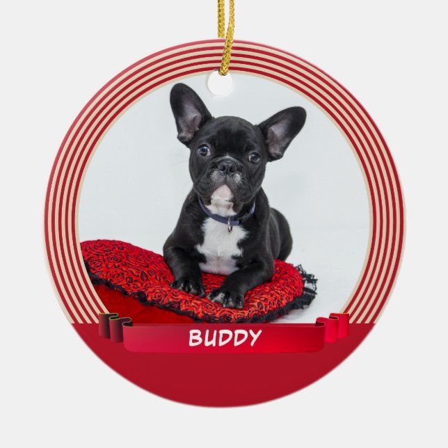 Elegant Dog Puppy Pet Photo Red Ribbon Ceramic Tree Decoration (Front)