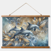 Elegant Dolphins with Golden Floral Waves