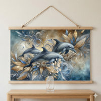 Elegant Dolphins with Golden Floral Waves