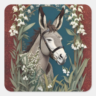 Elegant Donkey and Lily of The Valley Flowers Square Sticker