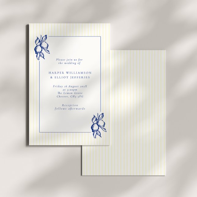 Elegant Doodle Blue Lemons & Stripes Wedding Invitation (Creator Uploaded)