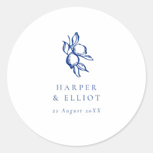 Elegant Doodle Blue Lemons Wedding Favor Classic Round Sticker