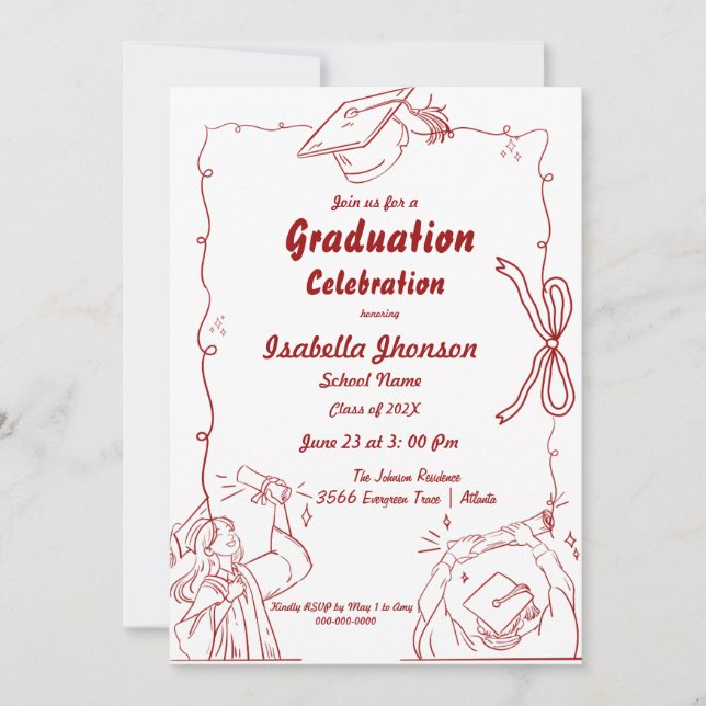 Elegant Doodle Style Hand Drawn Graduation  Invitation (Front)