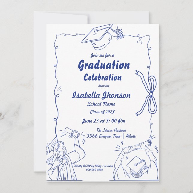 Elegant Doodle Style Hand Drawn Graduation  Invitation (Front)