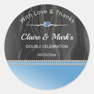 Elegant Double Birthday With Love and Thanks Blue Classic Round Sticker