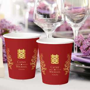 Elegant double happiness Chinese wedding floral Paper Cups